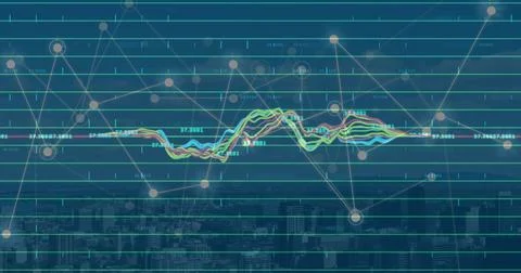 Image of graph processing data over dark cityscape Illustrazione stock
