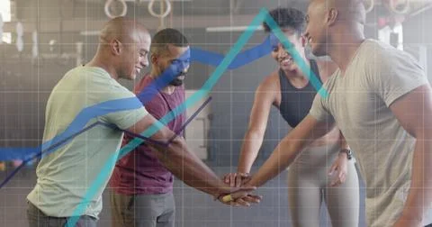 Image of graph processing data over diverse fitness group embracing and stacking Stock Photos
