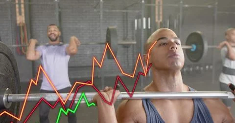 Image of graph processing data over diverse lifting barbells at gym Stock Photos