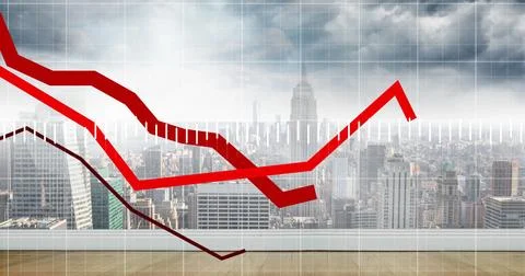 Image of graph processing data over cloudy cityscape Foto stock