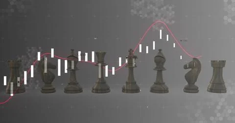 Image of graph processing data over chess pieces on grey background Foto stock