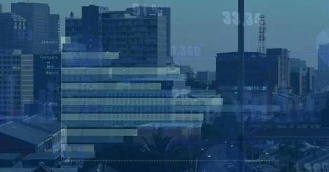 Image of graph processing data over cityscape Stock Photos