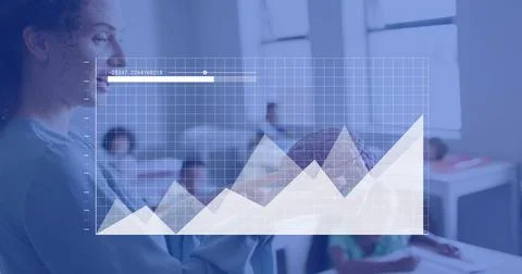 Image of graph processing data over diverse female teacher and schoolchildren 스톡 사진