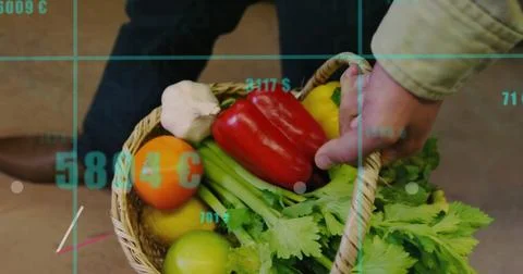 Image of graph processing data over caucasian man carrying vegetables in shop Foto stock