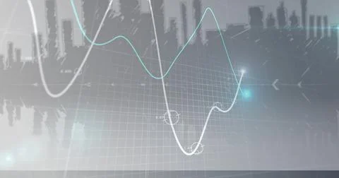 Image of graph processing data over grey abstract cityscape Stock Photos