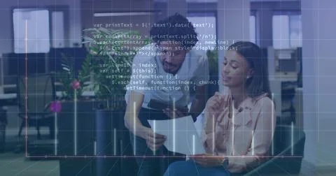 Image of graph, programming language over diverse coworkers discussing reports Foto stock