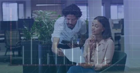 Image of graph, programming language over diverse coworkers discussing reports Stock Photos