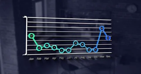 Image of graph representing year performance over defocused interior of office Ilustração Stock