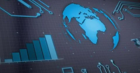 Image of graph, rotating globe and circuit board pattern over gray background 写真素材