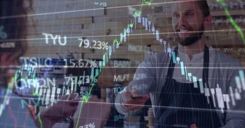 Image of graph, trading board over smiling male barista giving credit card to Ilustração Stock