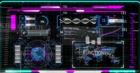 Image of graphical infographic interface with analyzing system, functioning, Foto stock