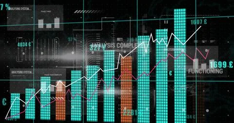 Image of graphical infographic interface with growing bar and lines graphs イラスト素材