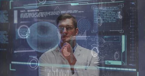 Image of graphical interface with moving coding and charts over thoughtful Stock Photos