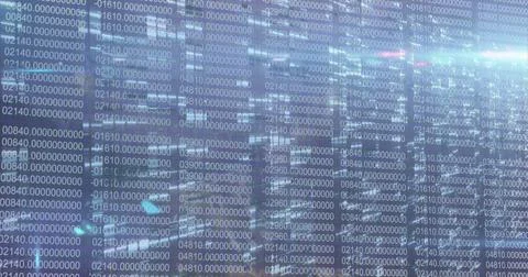 Image of graphical padlock, camera and gps icons in circle over changing binary Stock Illustration