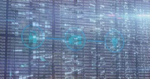 Image of graphical padlock, camera and gps icons in circle over changing binary Stock Illustration