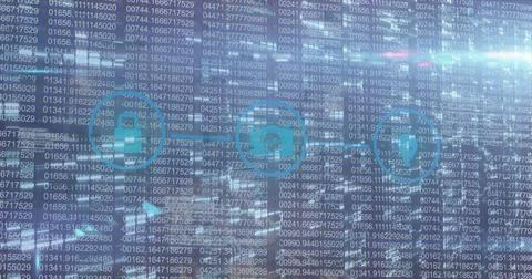 Image of graphical padlock, camera and gps icons in circle over changing binary 스톡 일러스트