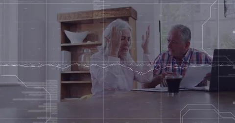 Image of graphs, abstract pattern over frustrated caucasian woman talking with Stock Photos