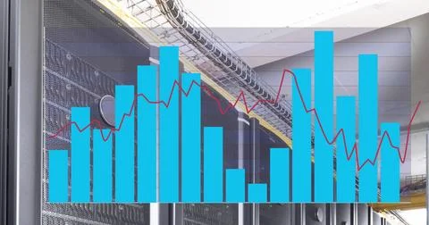 Image of graphs against server racks in server room 스톡 사진