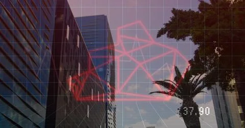 Image of graphs and bear head over cityscape 스톡 사진