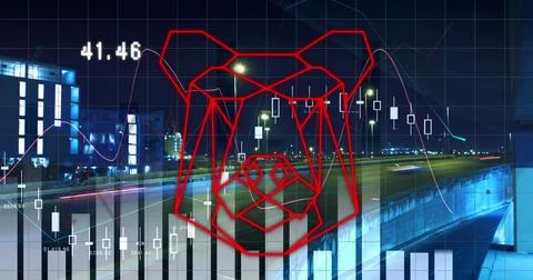 Image of graphs and bear head over night cityscape Foto stock