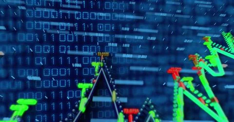 Image of graphs and binary code on navy background Stock Illustration