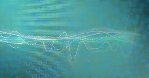 Image of graphs and binary code on green background Illustrazione stock
