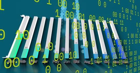 Image of graphs and binary code on green background Stock Illustration