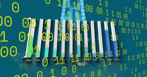 Image of graphs and binary code on green background 스톡 일러스트