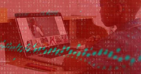 Image of graphs and binary code over african american boy having online lessons Stockfoto's