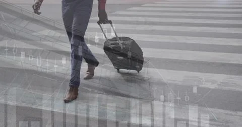 Image of graphs and building over african american man with luggage walking at Ilustración de archivo
