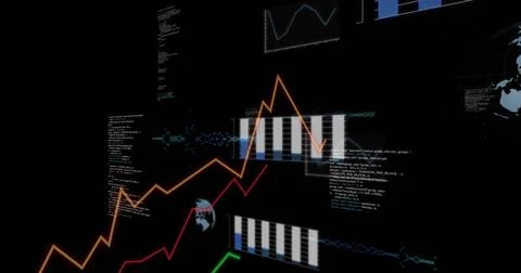 Image of graphs and charts processing data on black background Stock Illustration