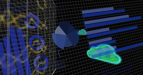 Image of graphs and charts processing data and cloud icons over grid on black Stock Illustration