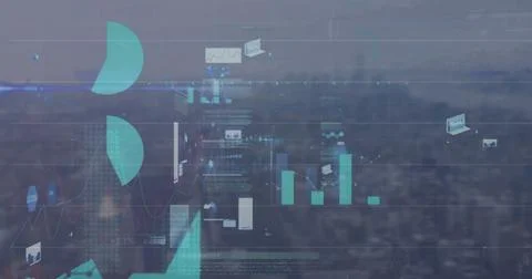 Image of graphs and charts processing data over modern cityscape Stock Photos