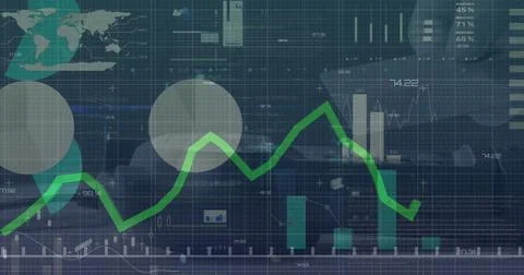 Image of graphs and charts processing data on black background 写真素材