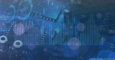 Image of graphs and charts processing data over computer motherboard Stock Photos