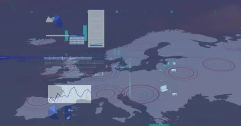 Image of graphs and charts processing data over world map on black background Stock Photos