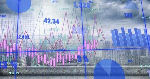 Image of graphs and charts processing data over cloudy cityscape 스톡 사진
