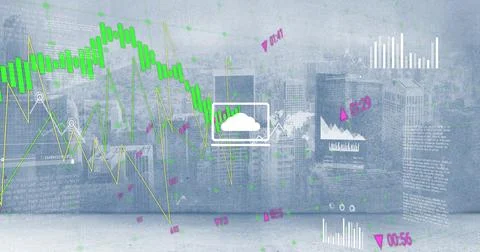 Image of graphs and charts processing data over cloudy cityscape 스톡 사진