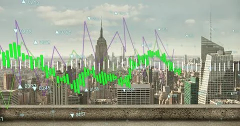 Image of graphs and charts processing data over sunny cityscape 스톡 사진