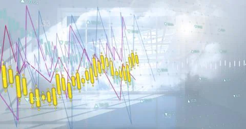 Image of graphs and charts processing data over sunny room and cloudy sky Stock Photos