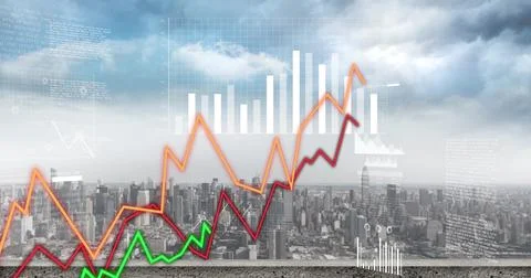 Image of graphs and charts processing data over cloudy cityscape Foto stock