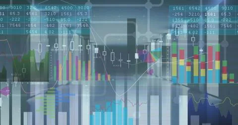 Image of graphs and charts processing data over server room 스톡 사진