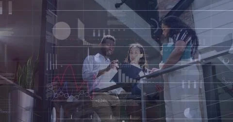 Image of graphs and charts processing data over diverse casual business 写真素材