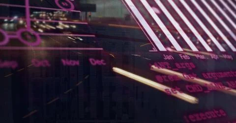 Image of graphs and charts processing data over traffic in city at night 스톡 사진