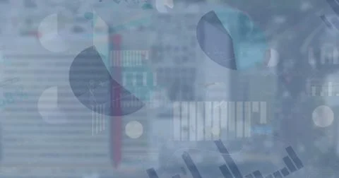 Image of graphs and charts processing data over modern cityscape Stock Photos