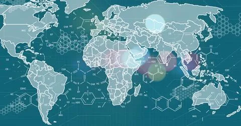 Image of graphs and chemical formulas over world map and green background 스톡 일러스트