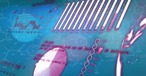 Image of graphs and chemical formulas over world map and green background Ilustração Stock