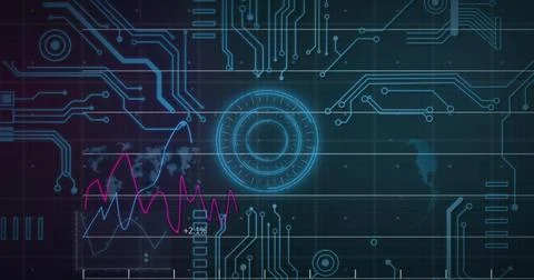 Image of graphs and circles over circuit board pattern and globe against blue Stock Photos