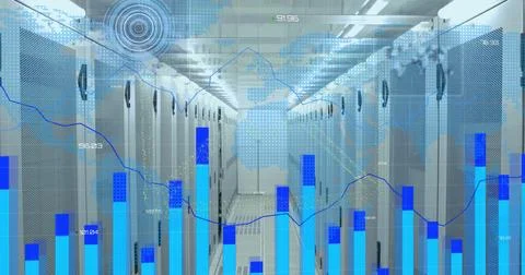 Image of graphs and circular scanners processing data over server room 스톡 사진
