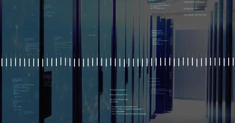 Image of graphs and computer language over data server room Stock Photos